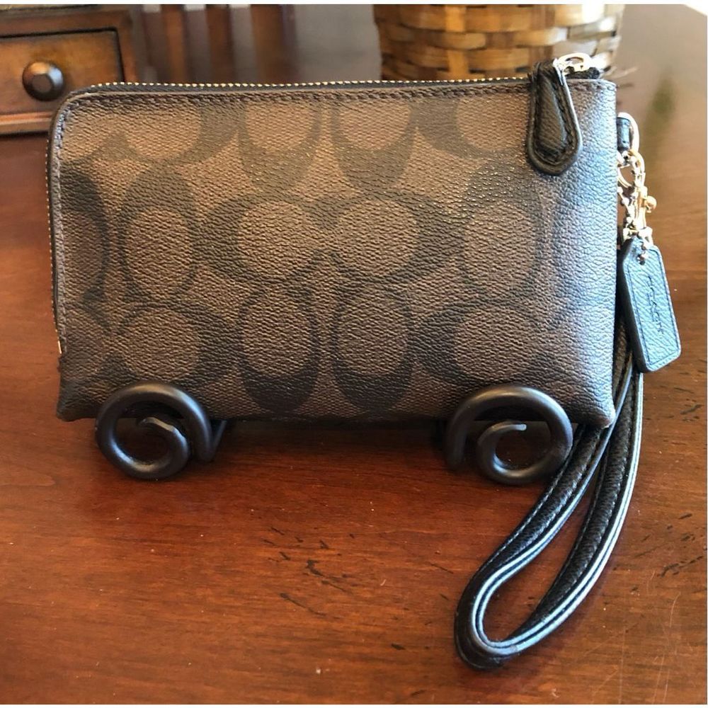 COACH - Signature Corner/Double Zip Wristlet Brown/Black Covered Canvas. PERFECT - Picture 2 of 16